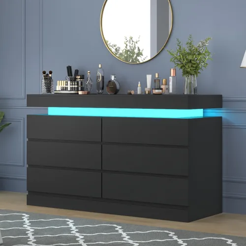 Miniatura 8 de Gyfimoie Cómoda de 6 cajones con toma de corriente, cómoda con luz LED, cómoda moderna de cajones para armario, gabinete organizador de cajones Negro