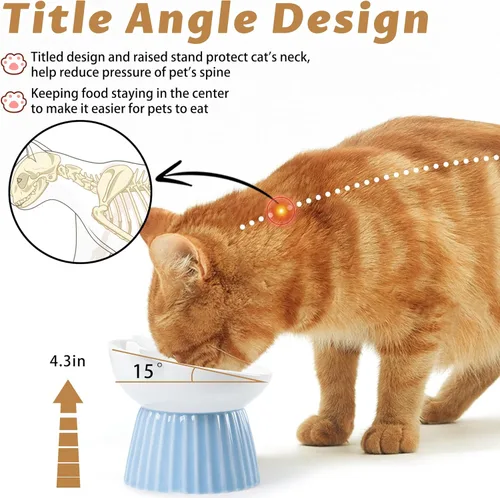 Miniatura 3 de Cuenco elevado de cerámica para gatos, tazón inclinado con elevación, anti-vómito, para gatos de interior, amigable con los bigotes, comedero