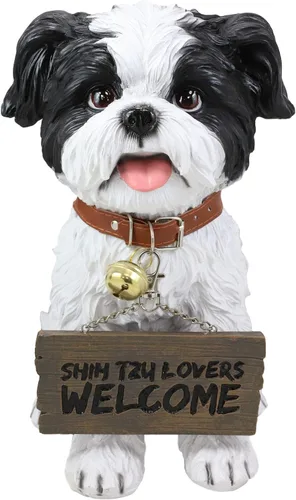 Ebros Adorable juguete realista de Shih Tzu, juguete de raza de perro con cuello de cascabel, letrero de bienvenida de 11.25 pulgadas de alto,