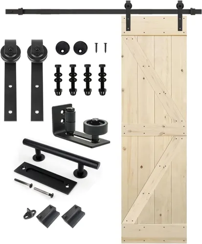 Miniatura 32 de S&Z TOPHAND 20 pulgadas x 84 pulgadas. Puerta de granero anudada británica sin terminar con kit de herrajes deslizantes de 4 pies/madera