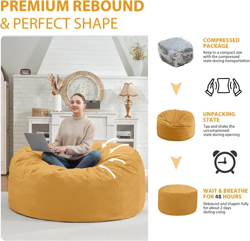 Miniatura 174 de Puf de 5 pies, puf grande con relleno de espuma viscoelástica, sofá puff esponjoso con funda de terciopelo holandés, puf redondo para sala de estar