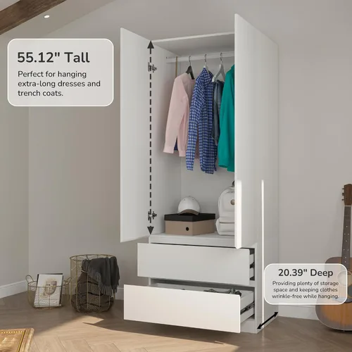 Miniatura 6 de Armario Armario con 2 cajones y 2 puertas, Armarios y armario con barra para colgar, Armario para dormitorio, color blanco