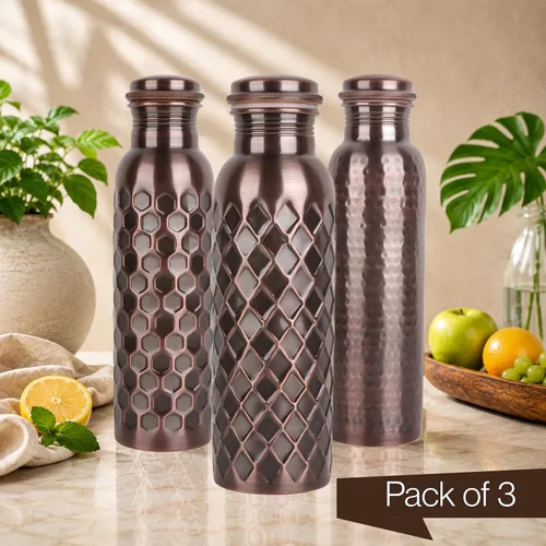 Miniatura 6 de Alpha Living Home Pure Copper Water Bottle Set of 3 - Handcrafted Drinking Bottles with Hammered, Diamond & Honeycomb Design - Leak Proof Wide Mouth