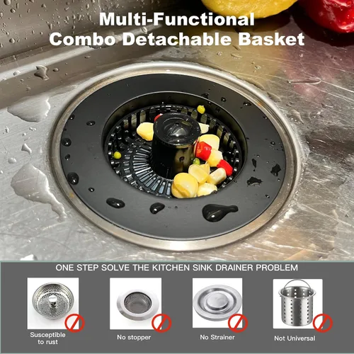 Miniatura 7 de Colador de drenaje para fregadero de cocina 3 en 1, tapón de fregadero desplegable de acero inoxidable 304, tapón de drenaje antiobstrucción, Negro