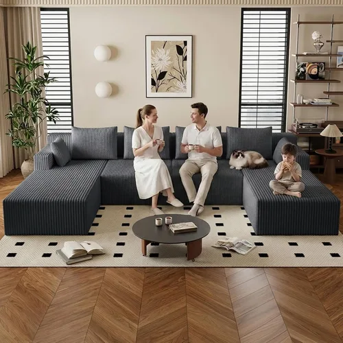 Miniatura 14 de Sofá modular de 95 pulgadas con otomana, moderno sofá nube de pana con asiento profundo, sofá sin hueso tapizado de 3 plazas en forma de U para sala