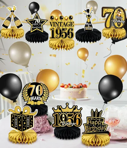 Miniatura 4 de 9 piezas de decoración de cumpleaños 70 para hombres y mujeres, centros de mesa de nido de abeja de feliz cumpleaños 70, decoración de mesa de 70