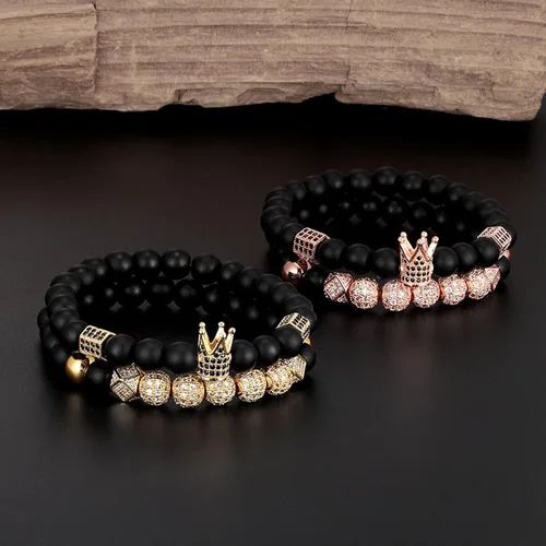 Miniatura 7 de YuziJewy 2 pulseras de cuentas de corona para hombres y mujeres, pulseras de cuentas de ágata negra de 0.315in, pulsera de piedra de ágata negra