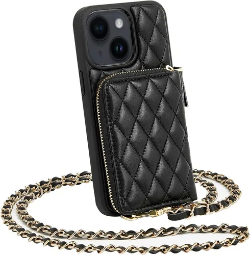 LAMEEKU Funda tipo cartera compatible con iPhone 13, bandolera de cuero acolchado con correa de cadena para mujer, a prueba de golpes, para iPhone