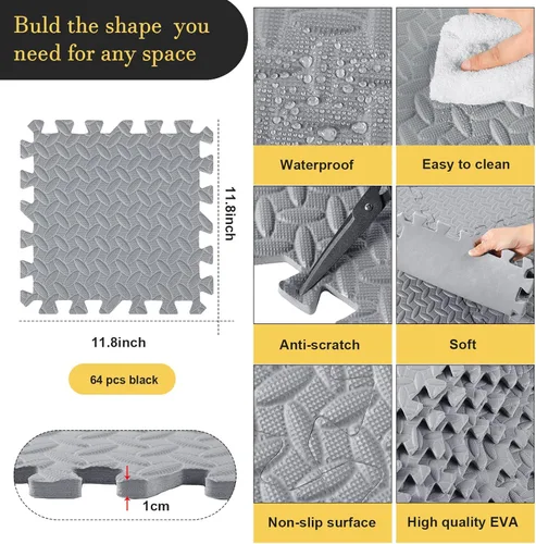 Miniatura 2 de Shihanee Alfombrillas de espuma para el suelo, tapetes de juego a granel con bordes entrelazados para gimnasio, guardería, dormitorio (64 pies, gris)