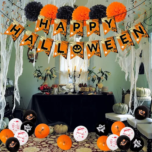 Miniatura 2 de Juego de 62 decoraciones de fiesta de Halloween, accesorios de cabina de fotos de Hallowmas, globos, pompones, espirales colgantes, remolinos