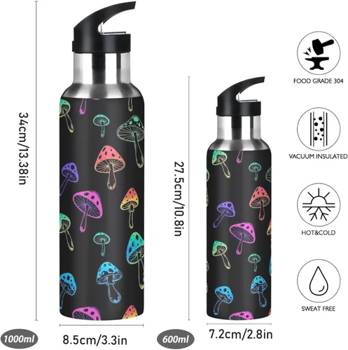 Miniatura 2 de Insulated Water Bottle 20 Oz, Leakproof Water Bottles for Gym Outdoor Travel School, Vibrant Mushrooms Black
