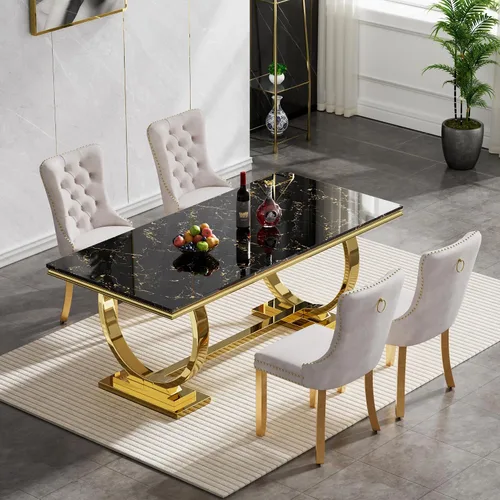 Miniatura 2 de Juego de mesa de comedor de mármol de 5 piezas para 4, mesa de cocina de lujo de 68 pulgadas de mármol negro dorado con 4 sillas tapizadas