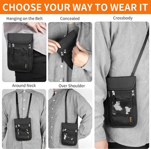 Miniatura 4 de Cartera de cuello para viajes, bolsa de cuello para pasaporte para hombres y mujeres con correa ajustable para el cuello y bloqueo RFID