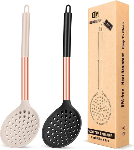Miniatura 8 de Juego de 2 cucharones de cocina con ranuras grandes y resistentes al calor, sin BPA, antiadherentes, para escurrir y freír (negro y rojo)