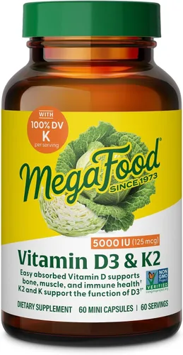 MegaFood Vitamina D3 5000 UI (125 mcg) – Suplementos vegetarianos con vitamina D3 K2 – Apoya los huesos, dientes, músculos y salud inmunológica –