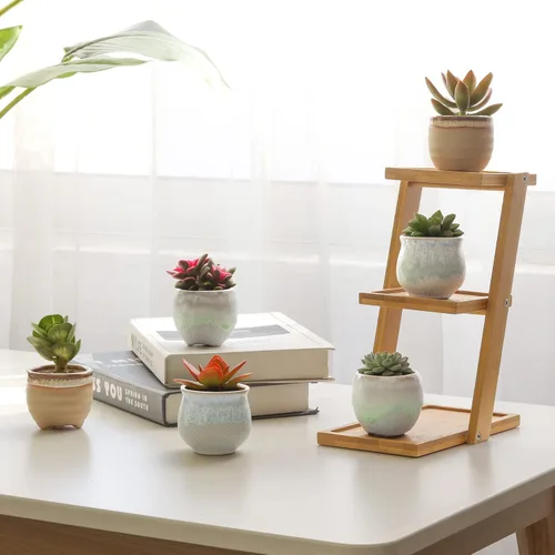 Miniatura 3 de T4U Juego de 6 macetas pequeñas de cerámica para suculentas con drenaje, mini para plantas, maceta de porcelana pequeña, macetas de plantas de aire