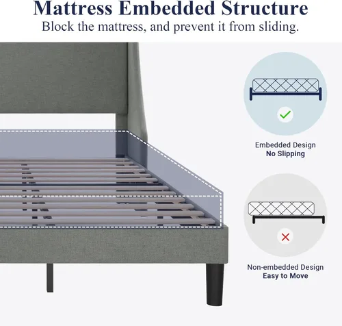 Miniatura 6 de Allewie Marco de Cama de Plataforma Tamaño King con Cabecera Tapizada, Respaldo Wingback Moderno de Lujo, Soporte de Listones de Madera, Base