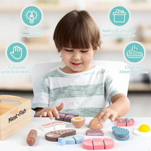 Miniatura 3 de Juego de 10 alimentos de madera para jugar carne y pescado para la cocina de los niños, juguete de madera, juego de corte de alimentos, juego