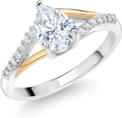Miniatura 51 de Gem Stone King Anillo de compromiso de plata 925 y oro amarillo de 10 quilates, piedra natal con forma de pera de 0.315 x 0.236 in y diamantes