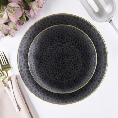 Miniatura 5 de Blue Sky Platos orgánicos martillados negros y dorados transparentes – 10 unidades, 10 pulgadas Plástico desechable redondo, diseño elegante