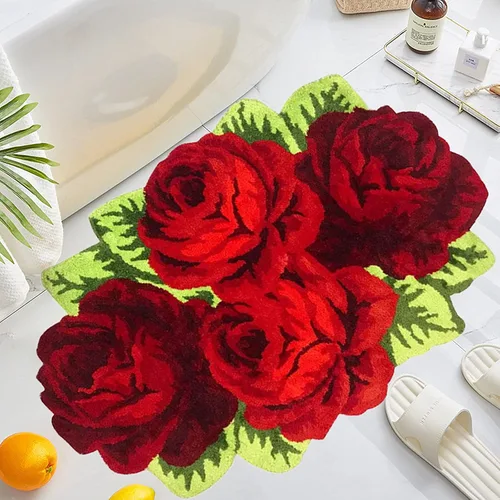 UKELER Alfombras de baño con rosas florales, alfombras peludas de flores rojas para dormitorio de niñas, antideslizante, absorbente, alfombra de Rojo
