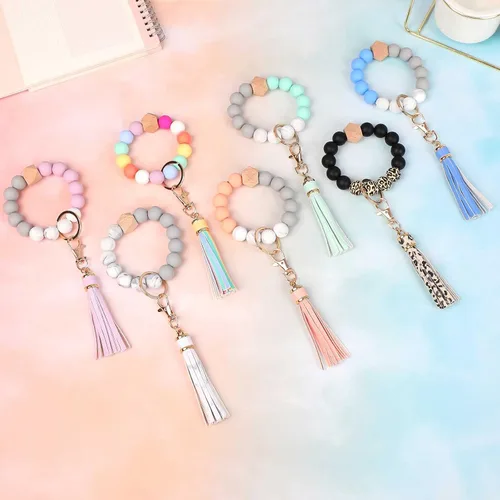 Miniatura 6 de BAOSIWA Pulsera de cuentas de silicona con llavero de pulsera para mujer con borla de cuero