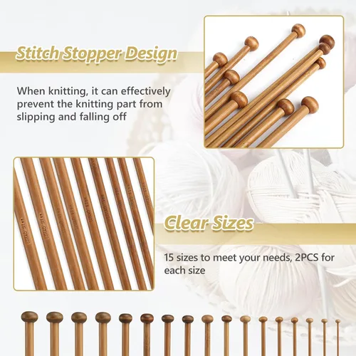 Miniatura 4 de LIHAO Juego de 30 piezas de agujas de tejer de bambú, agujas de tejer de madera, accesorios de kit de tejer para principiantes hechos a mano, de una
