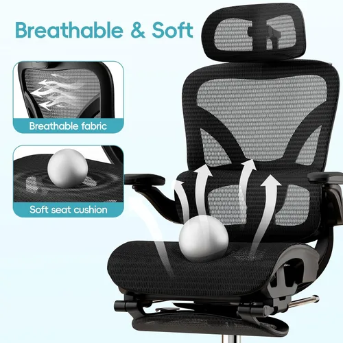 Miniatura 5 de Alllion Silla de oficina ergonómica de malla, silla de escritorio para el hogar cómoda con respaldo alto, soporte lumbar ajustable, reposacabezas