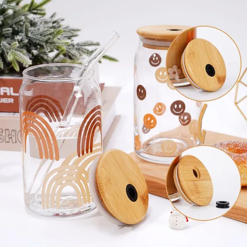 Miniatura 3 de Whaline Juego de 4 vasos para beber con tapas de bambú y popote de vidrio, taza de vidrio en forma de lata de 16 onzas, vaso de café helado, ideal