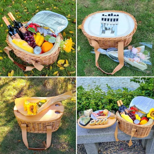 Miniatura 3 de Hap Tim Juego de Cesta de Picnic de Mimbre para 2 con Mini Mesa Plegable de Vino para Picnic y Bolsa Refrigeradora Grande Aislada y Kits de Servicio