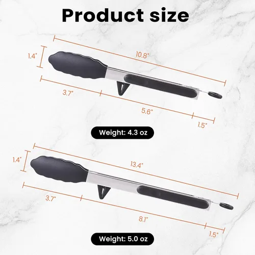 Miniatura 7 de Pinzas de comida de 2 piezas para cocinar, pinzas de cocina de acero inoxidable de 9 y 12 pulgadas con puntas de silicona y soporte integrado