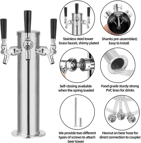 Miniatura 4 de TMCRAFT Dispensador de torre de cerveza de barril de triple grifo, kit dispensador de torre de cerveza de acero inoxidable pulido con tubo