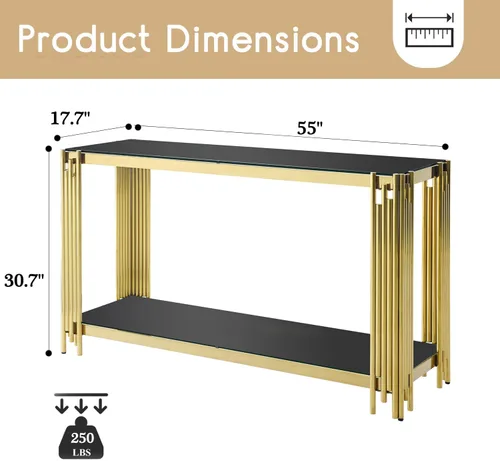 Miniatura 2 de SSLine Mesa consola moderna de lujo, mesa rectangular de cristal para entrada de pasillo, sala de estar, almacenamiento de 2 niveles, diseño