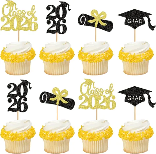 Miniatura 10 de Ercadio 36 piezas 2026 adornos para cupcakes con purpurina negra y dorada para graduación senior So Proud Of You Senior Class of 2026 Way to Go