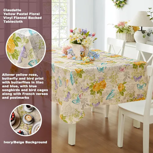 Miniatura 2 de Newbridge Claudette - Mantel de vinilo con parte trasera de franela de vinilo amarillo pastel, cuadrado de 52 x 52 pulgadas, rosas y mariposas