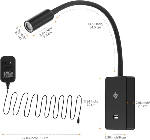 Miniatura 6 de Lámpara LED de pared regulable al tacto, lámpara de lectura LED flexible negra para dormitorio, 4 niveles de brillo (100% - 70% - 35% - 15%), Negro