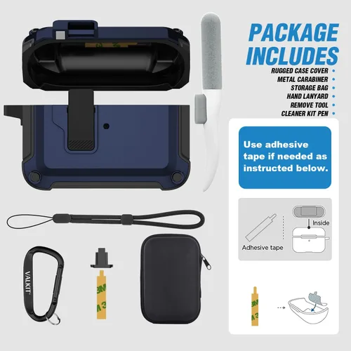 Miniatura 6 de Valkit Funda Compatible con Airpods Pro de 2ª/1ª Generación con Kit Limpiador, Funda Militar para AirPod Pro 2 con Candado y Cordón, Funda Negro/Azul