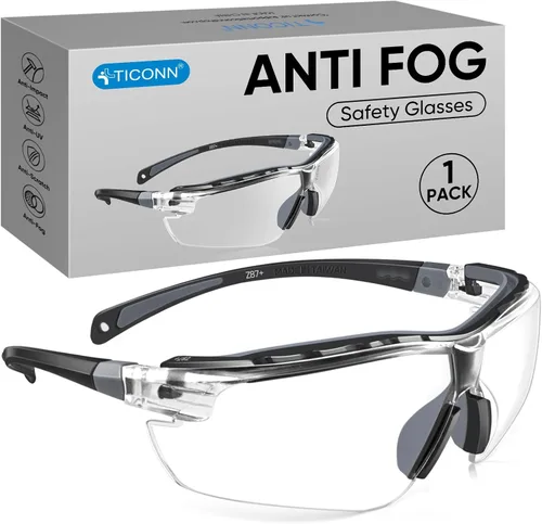 TICONN Gafas de seguridad antivaho para hombres y mujeres, gafas protectoras ANSI Z87.1 a prueba de rayones con brazos ajustables y protección UV