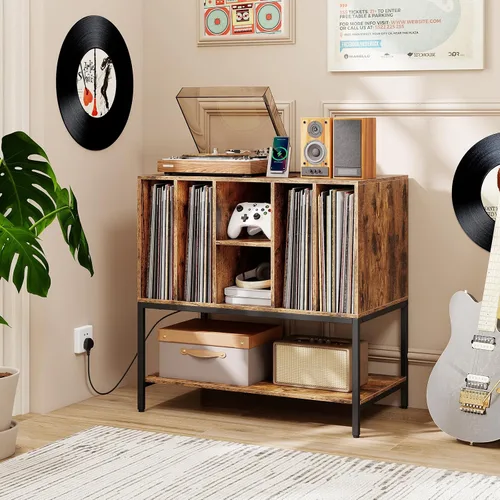 Miniatura 7 de Giantex Soporte para tocadiscos con estación de carga, soporte para tocadiscos con estantes de almacenamiento con capacidad para más de 150 álbumes