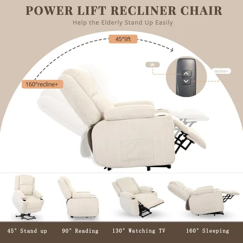 Miniatura 4 de Silla reclinable de elevación eléctrica de alta resistencia para ancianos, capacidad de 400 libras, masaje y sillón reclinable de calor, de pana
