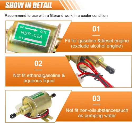 Miniatura 4 de Bomba de combustible eléctrica en línea HEP-02A dorada de 12 V - Bomba de transferencia de gasolina/diésel de baja presión para motor de carburador