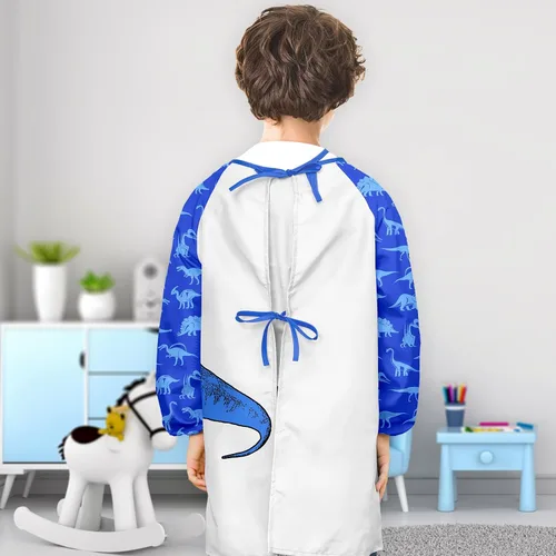 Miniatura 3 de PASHOP Bata de arte para niños, de unicornio, impermeable, para niñas, niños, manga larga, hasta la rodilla, con bolsillo (dinosaurio azul, 3-7 años)