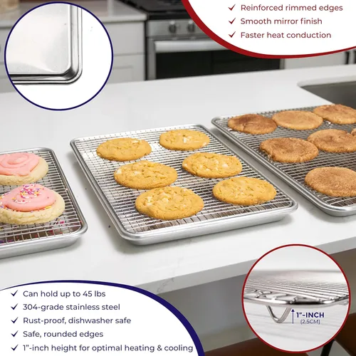 Miniatura 4 de KITCHENATICS Bandeja de aluminio para brazo de gitano de 15 x 10 pulgadas y estante de acero inoxidable, bandeja para hornear con estante