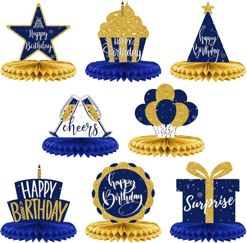 Miniatura 8 de Spakon 8 Piezas Decoraciones de Mesa Centros de Mesa de Panal con Purpurina Adornos de Mesa Decoraciones de Fiesta para Hombres y Mujeres Azul dorado