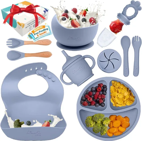 Juego de alimentación de silicona para bebés, 10 suministros de destete LED para bebés, platos para bebés sin BPA con platos y cuencos para niños,