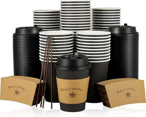 Miniatura 10 de LITOPAK Paquete de 50 tazas de café de papel de 20 onzas para bebidas de chocolate caliente, tazas de café desechables negras con tapas, fundas y 20