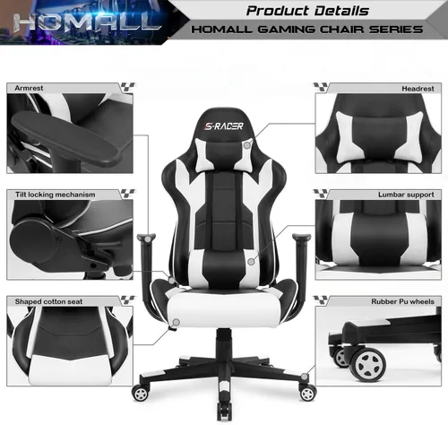 Miniatura 8 de Homall - Silla ejecutiva con respaldo alto, de piel sintética, ergonómica, ajustable y giratoria con soporte lumbar y reposacabezas para juego
