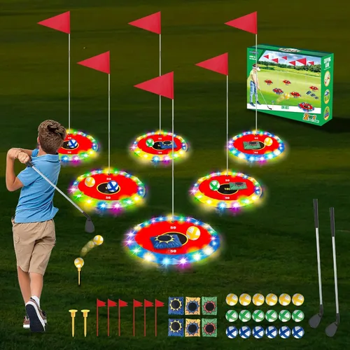 Miniatura 9 de TERRAMUS Juego de golf y lanzamiento que brilla en la oscuridad, juego de objetivos LED 2 en 1 con 2 palos, 18 bolas, 6 bolsas de frijoles, juguete