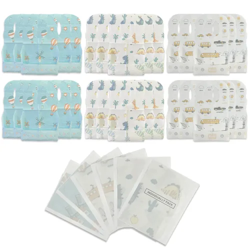 Miniatura 8 de 100 PCS Disposable Bibs for Toddlers, 5 Patterns Individually Packaged Baby Bibs with Catcher and Waterproof Liner for Boys Girls Eating, Baby
