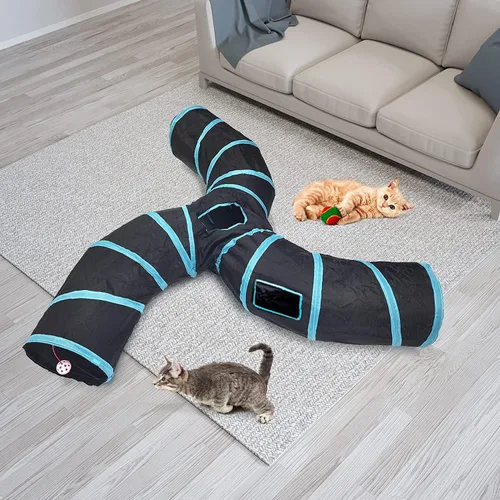 Miniatura 2 de Túnel para gatos, túneles plegables grandes de 3 vías con 4 agujeros de mirada, juguete interactivo para gatos en forma de S, juguete interactivo
